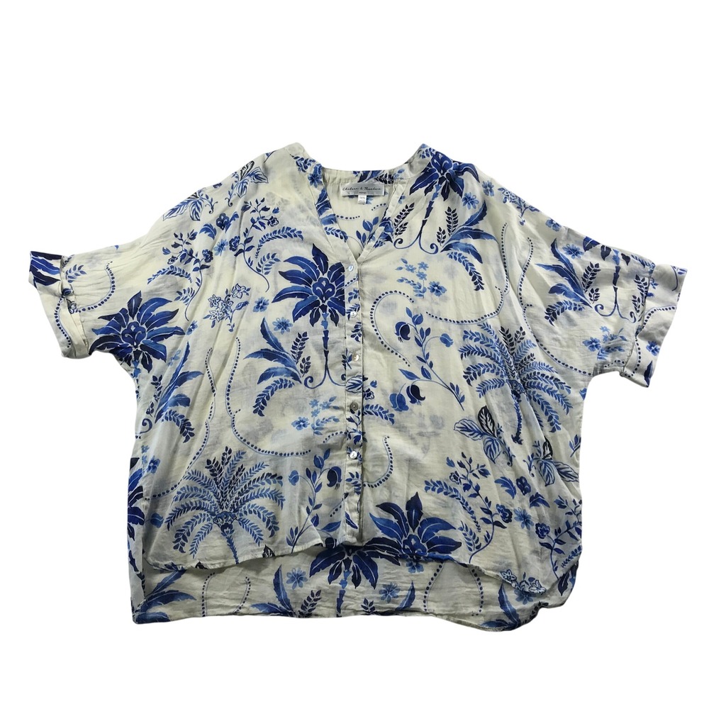 Chelsea & Theodore Woman Blue White Tropical Palm Cotton Button Front Blouse 1X